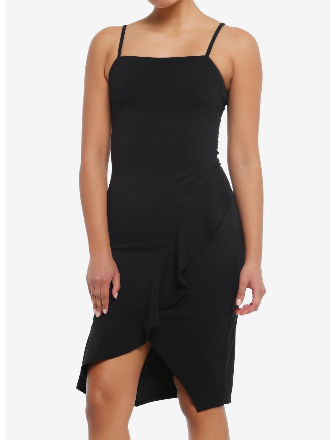 Cosmic Aura® Black Asymmetrical Ruffle Wrap Dress, BLACK, hi-res