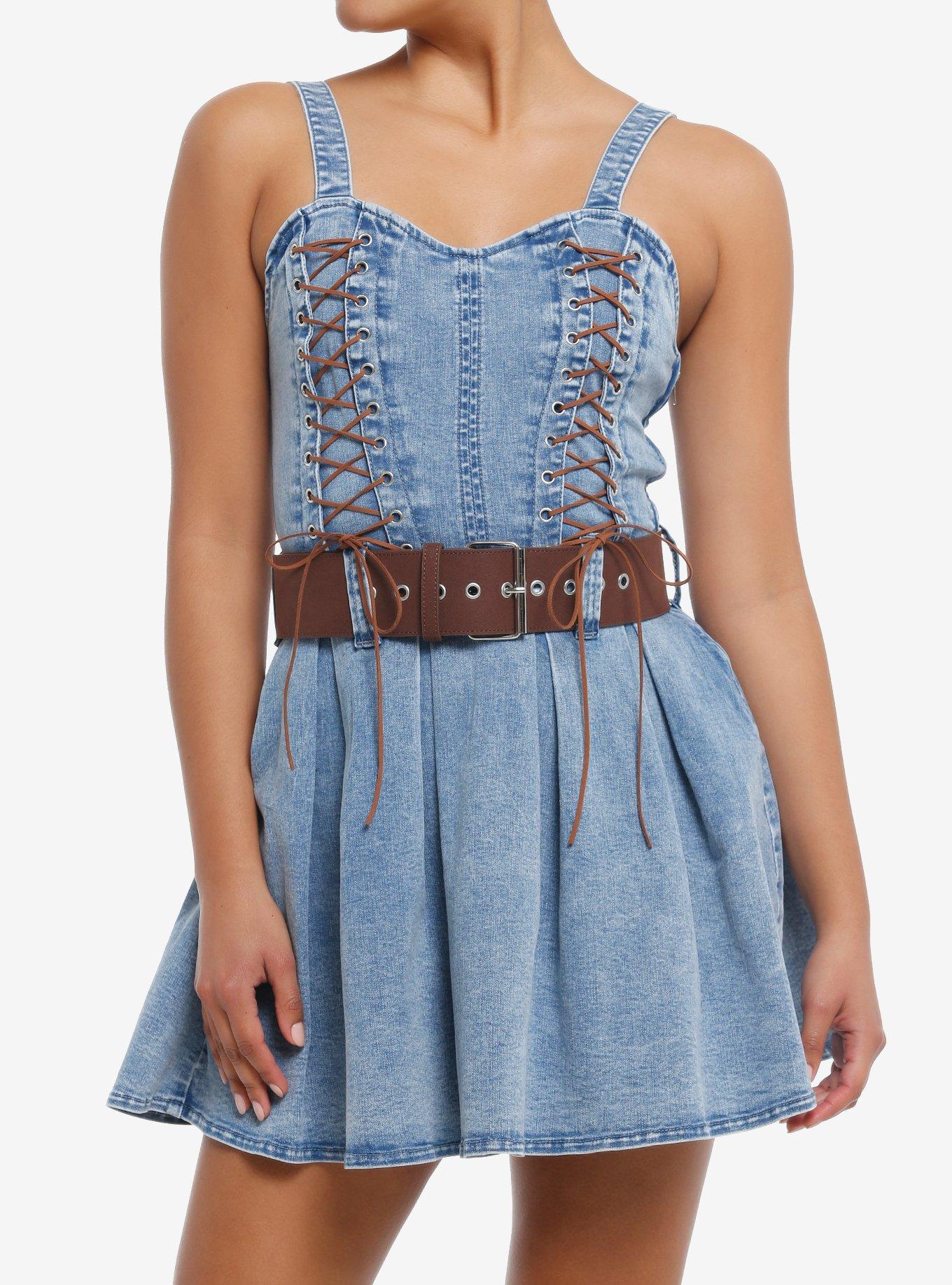 Sweet Society® Brown Lace-Up Belted Denim Dress | Hot Topic