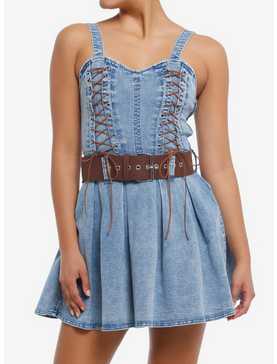 Sweet Society® Brown Lace-Up Belted Denim Dress, , hi-res