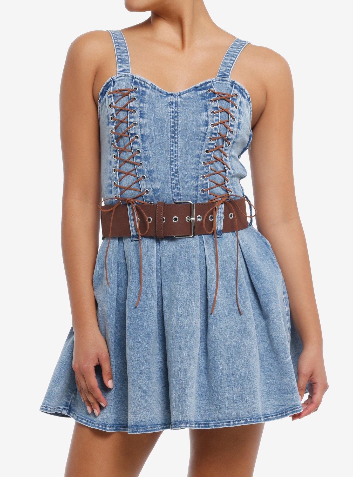 Sweet Society® Brown Lace-Up Belted Denim Dress, INDIGO, hi-res