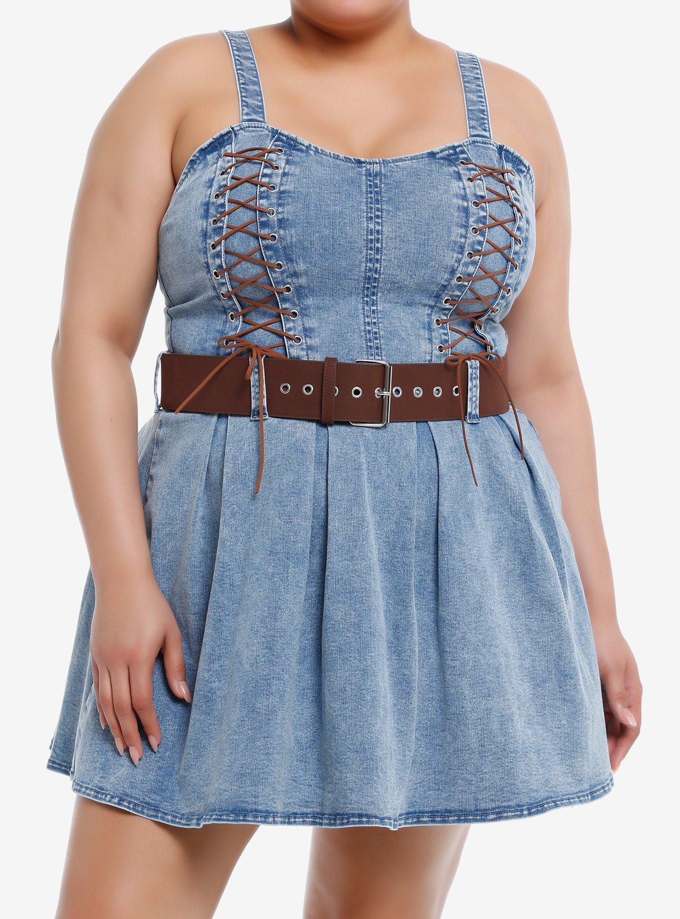 Sweet Society® Brown Lace-Up Belted Denim Dress Plus Size, , hi-res