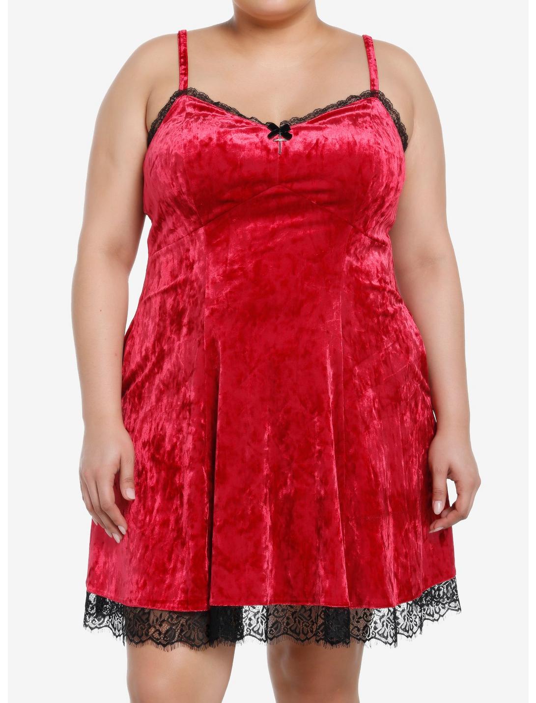 Social Collision Red Velvet Lace Slip Dress Plus Size, BLACK, hi-res