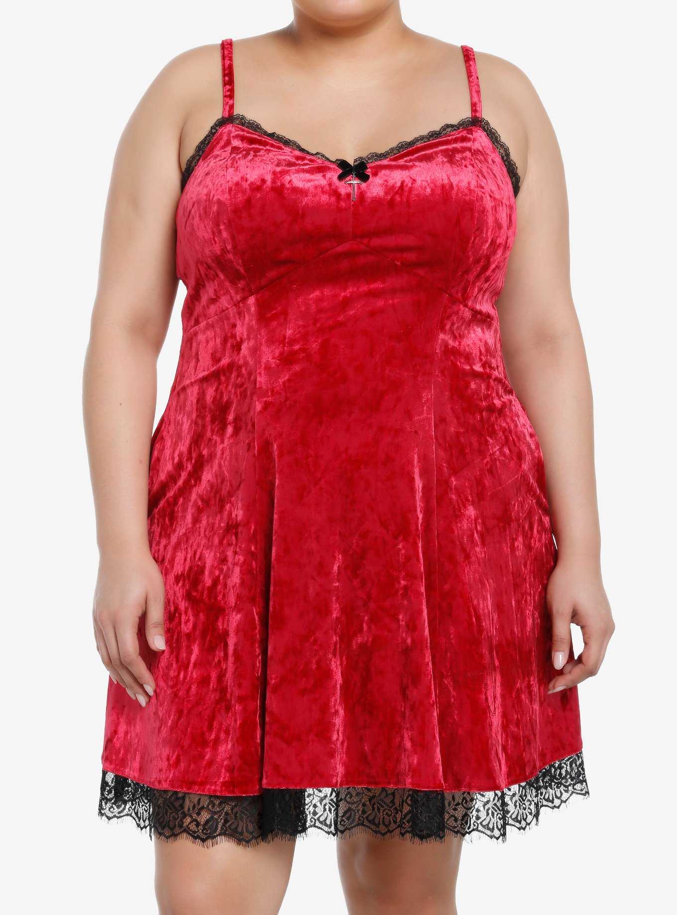 Social Collision Red Velvet Lace Slip Dress Plus Size, , hi-res