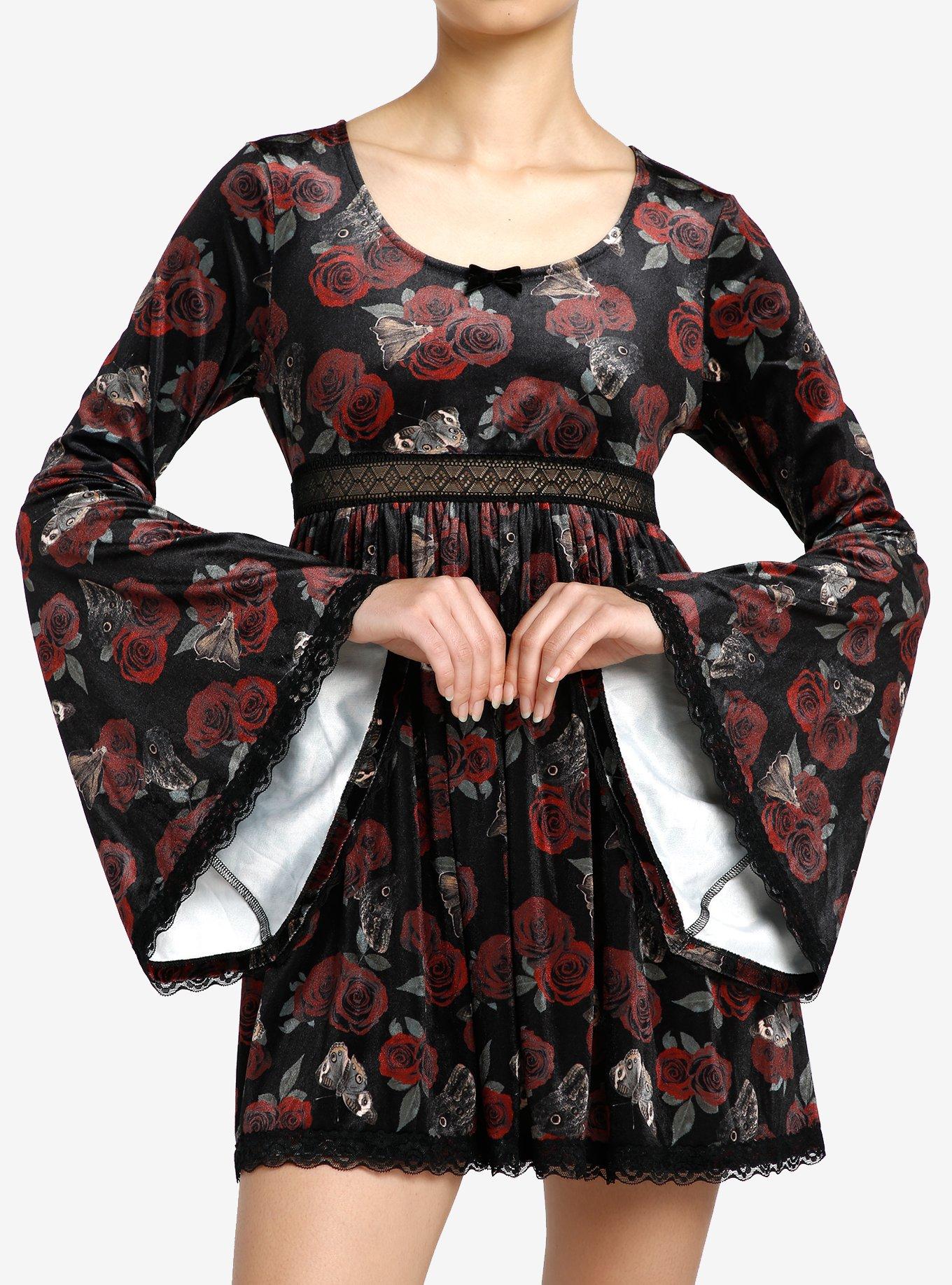 Thorn & Fable Rose Moth Velvet Bell Sleeve Dress, RED, hi-res