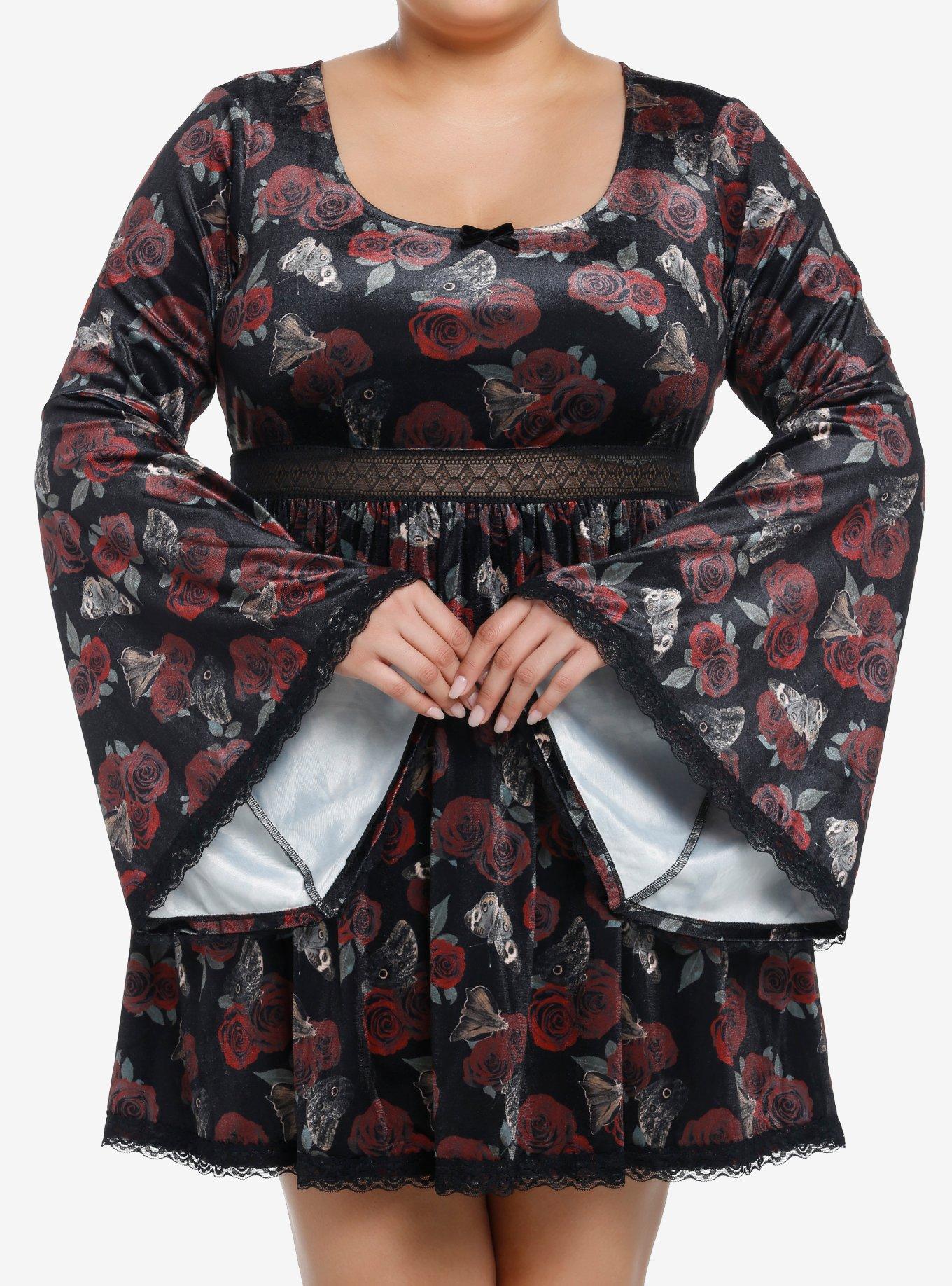 Thorn & Fable Rose Moth Velvet Bell Sleeve Dress Plus Size, RED, hi-res
