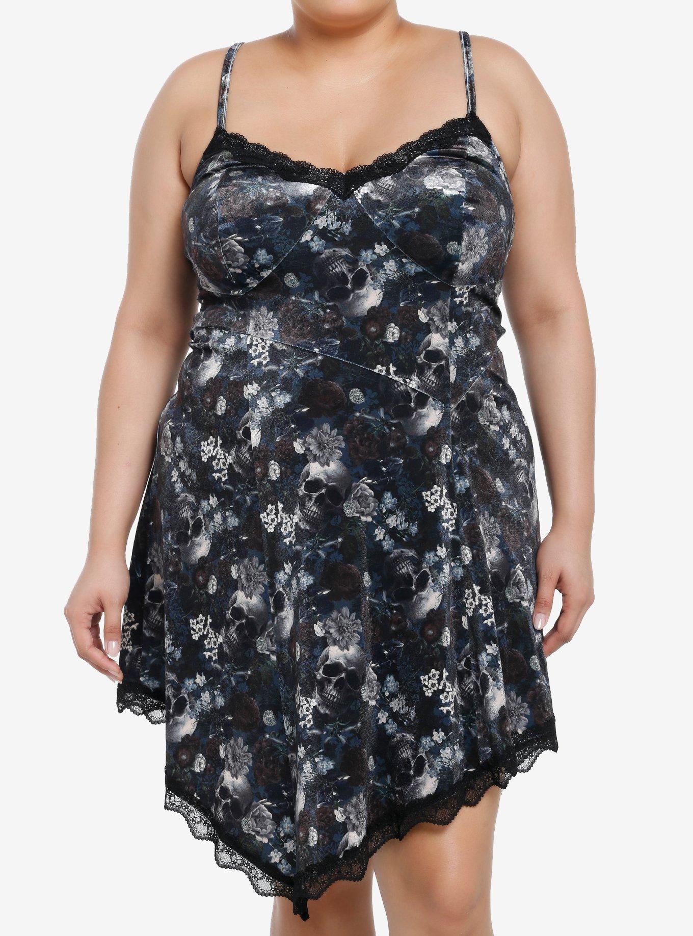 Thorn & Fable Floral Skulls Asymmetrical Dress Plus Size, , hi-res