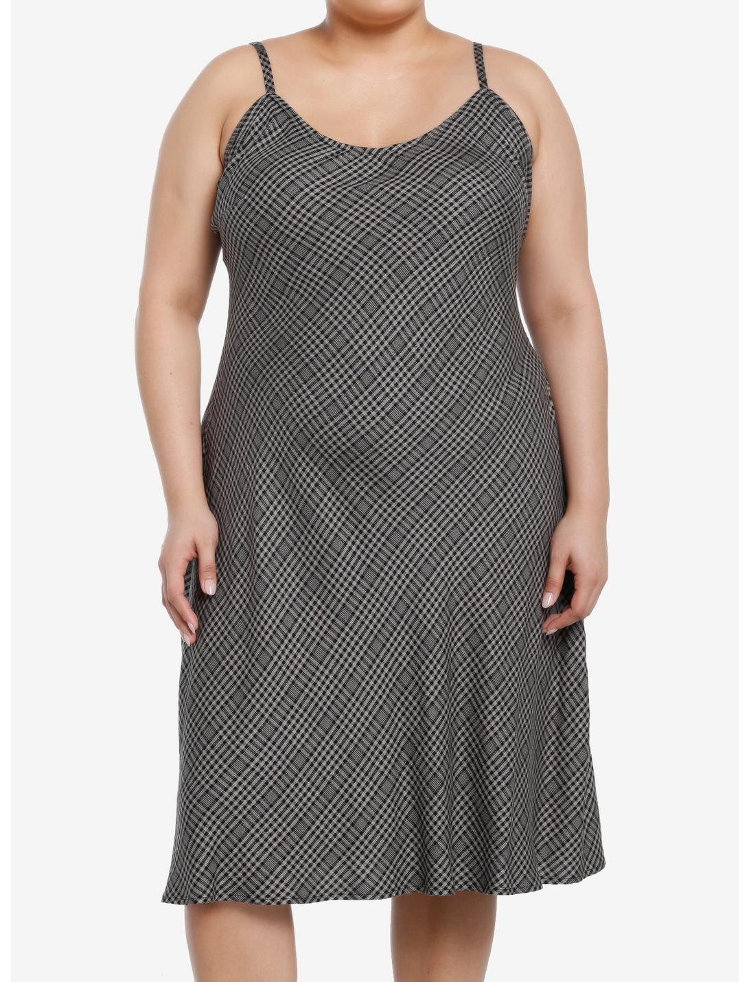 Social Collision Grey Plaid Midi Slip Dress Plus Size, BLACK, hi-res