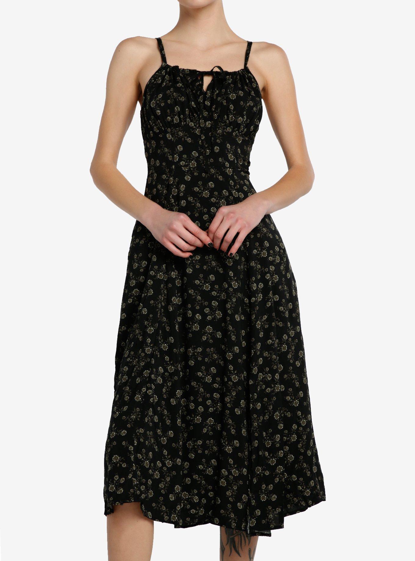 Thorn & Fable Black & Green Floral Midi Dress, , hi-res