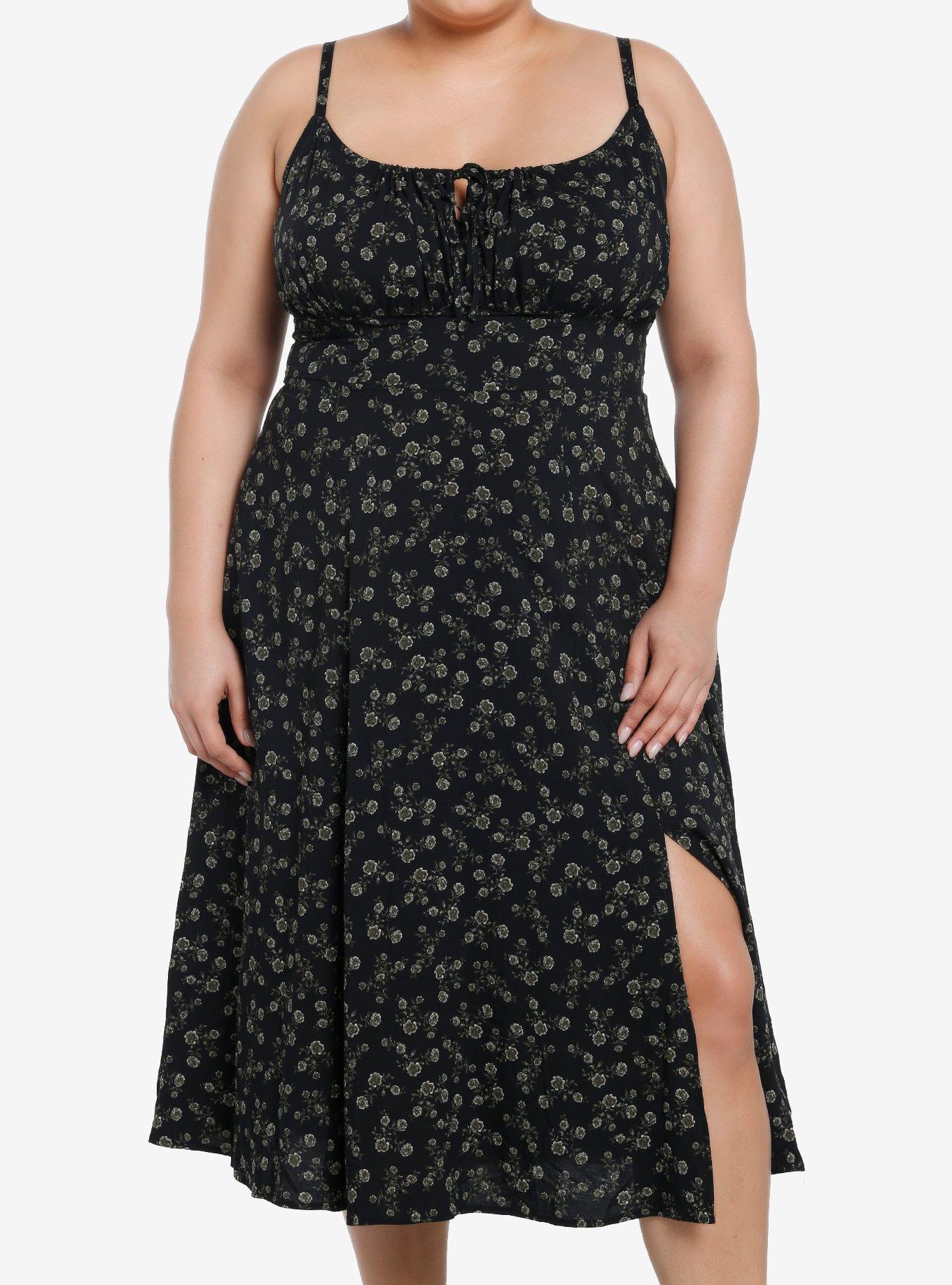 Thorn & Fable Black & Green Floral Midi Dress Plus Size, , hi-res