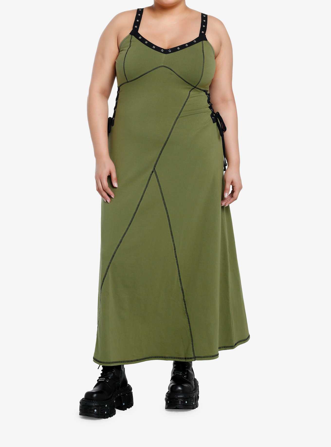 Social Collision Green & Black Lace-Up Midaxi Dress Plus Size, , hi-res