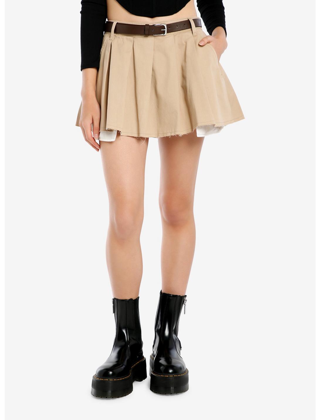Social Collision Khaki Belted Low-Rise Pleated Mini Skirt, BROWN, hi-res
