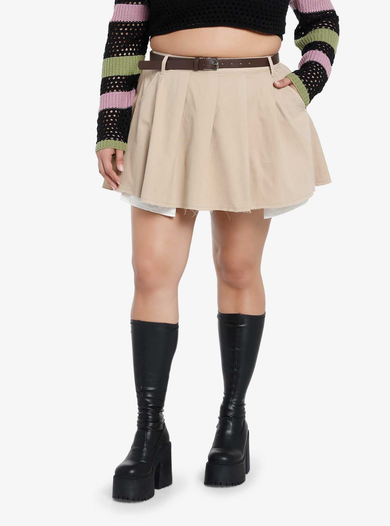 Social Collision Khaki Belted Low-Rise Pleated Mini Skirt Plus Size, , hi-res