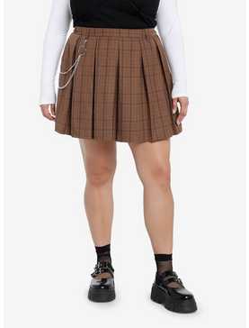 Social Collision Brown Plaid Chain Pleated Skirt Plus Size, , hi-res