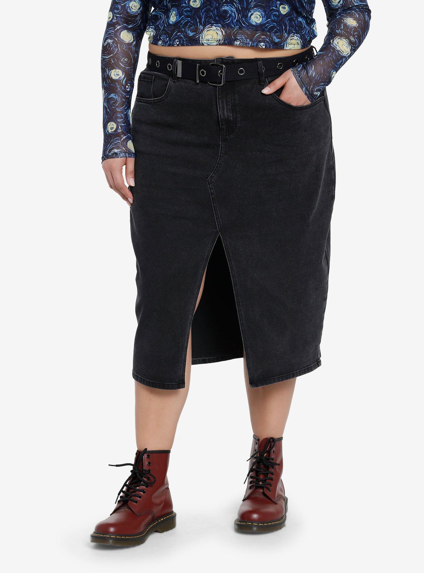 Social Collision Black Denim Belted Midi Skirt Plus Size, DENIM, hi-res