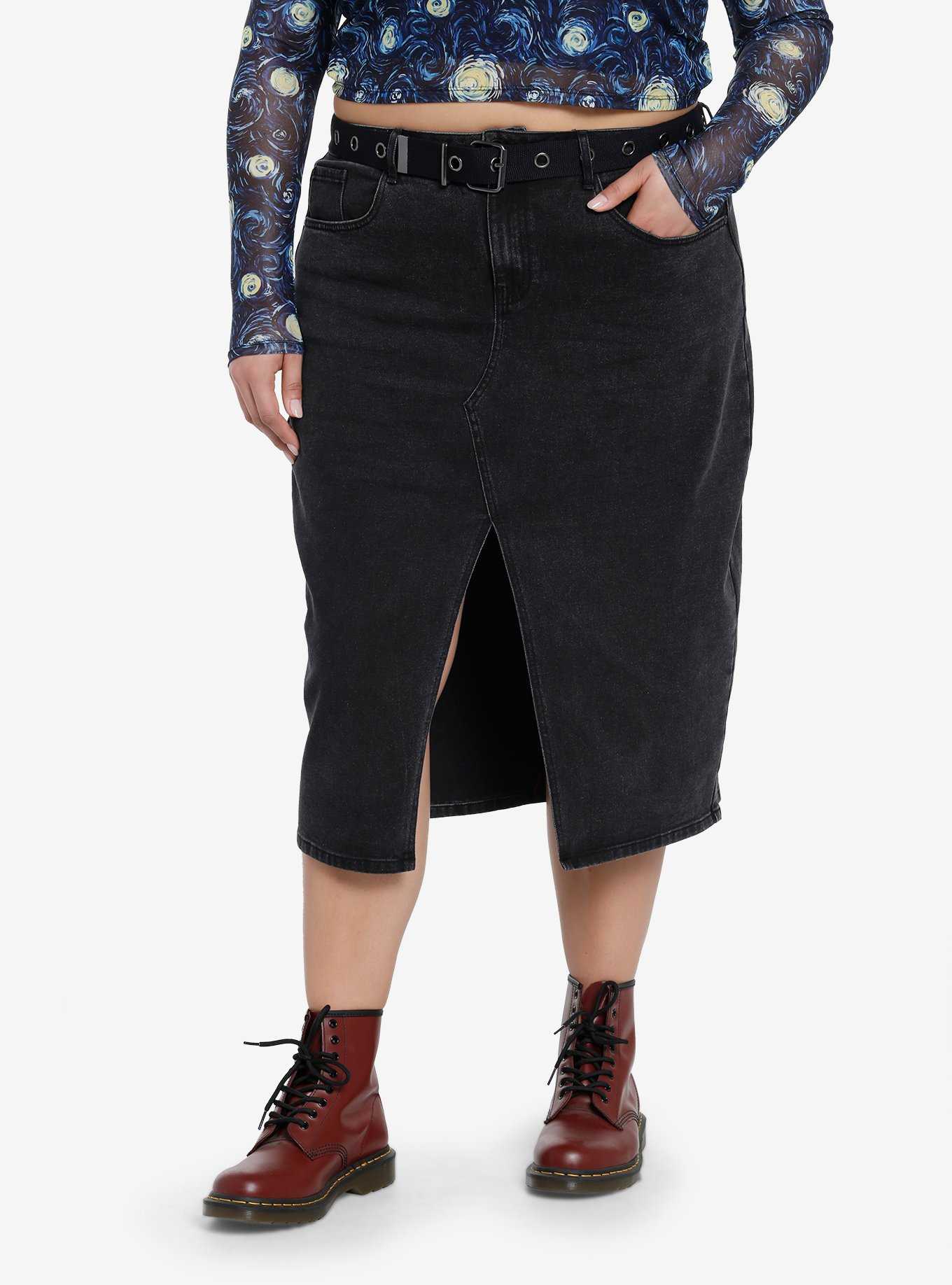 Social Collision Black Denim Belted Midi Skirt Plus Size, , hi-res