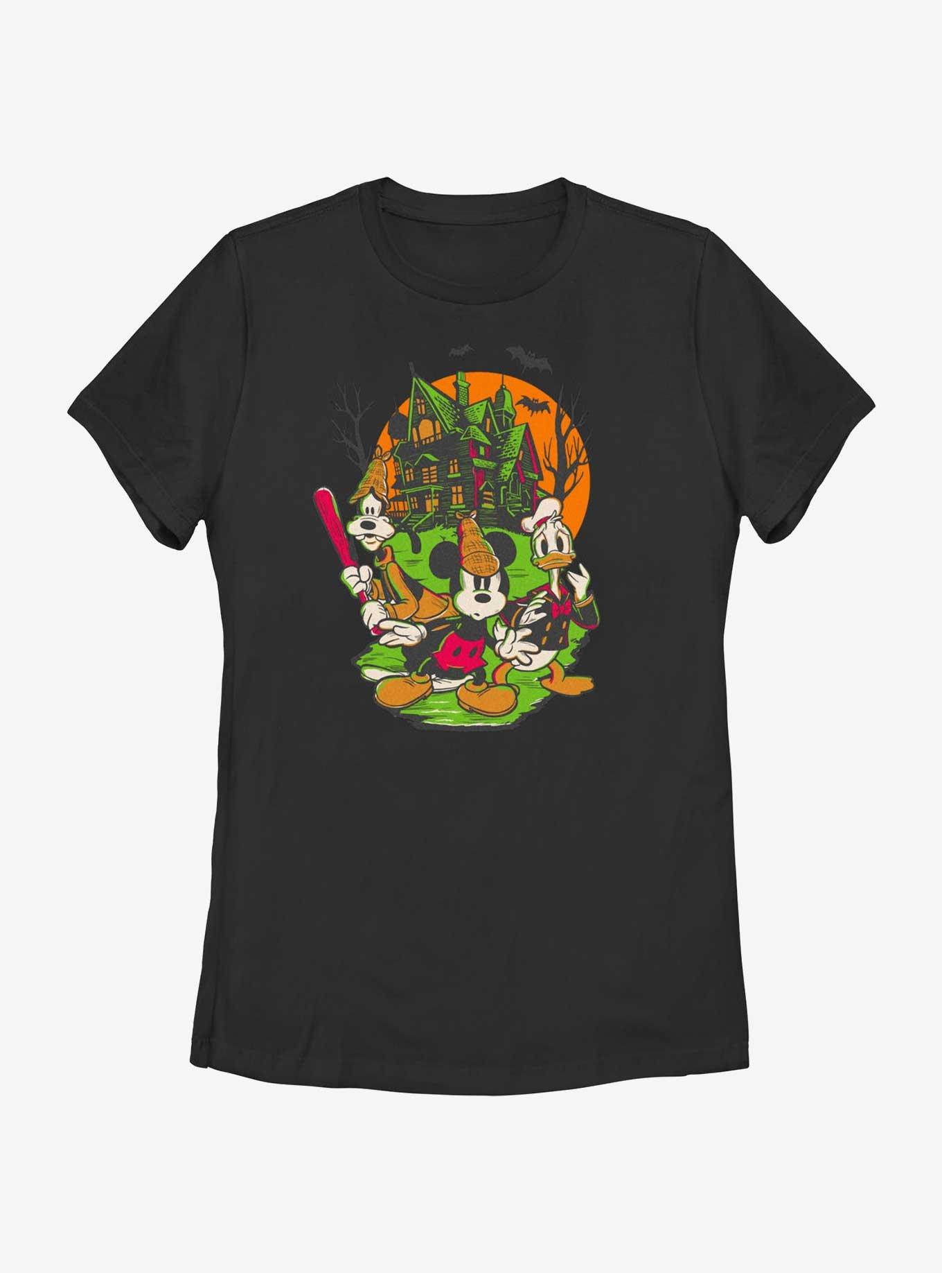 Disney100 Halloween Mickey Goofy and Donald Haunted House Women's T-Shirt, , hi-res