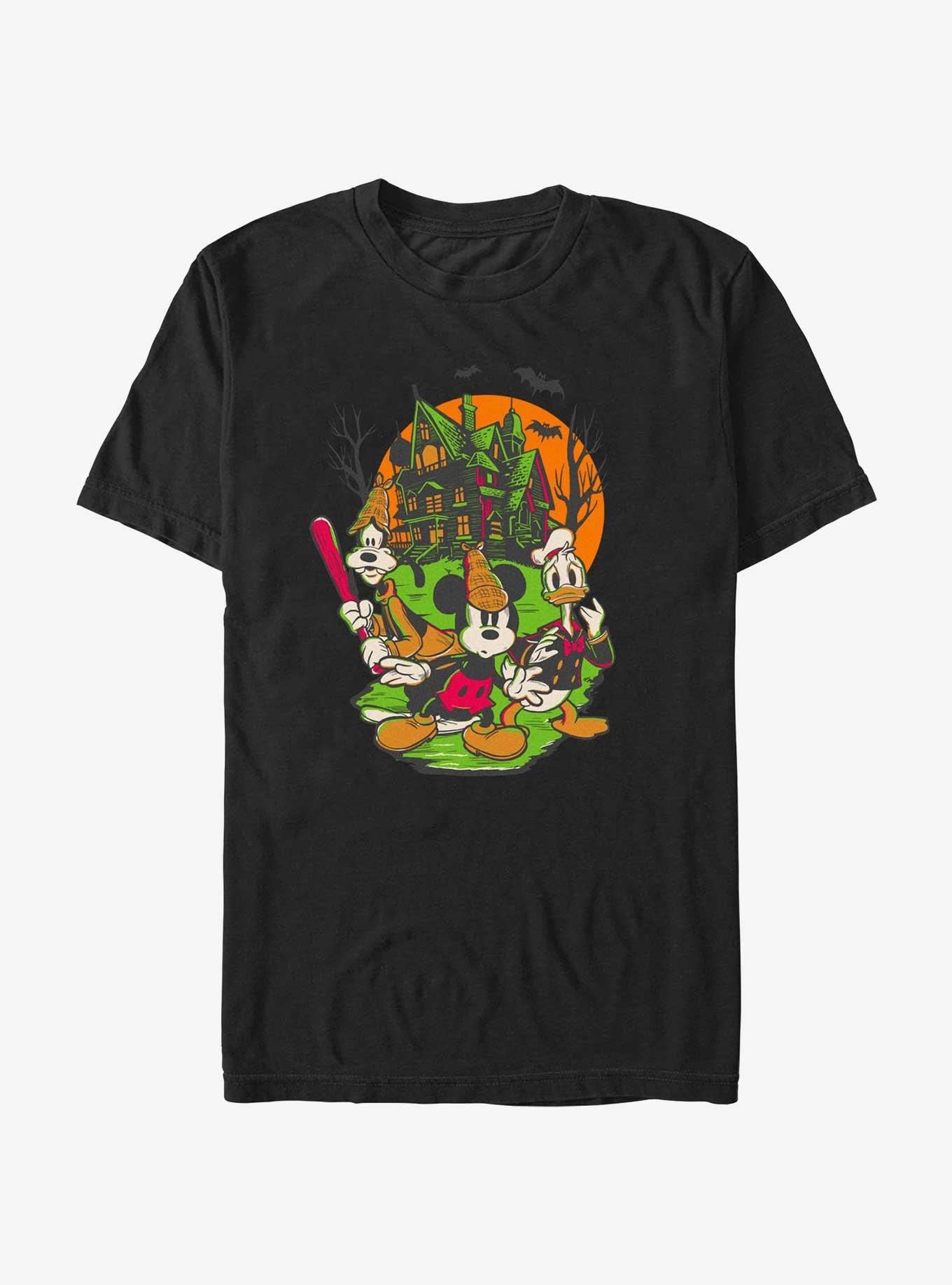 Disney100 Halloween Mickey Goofy and Donald Haunted House T-Shirt, BLACK, hi-res