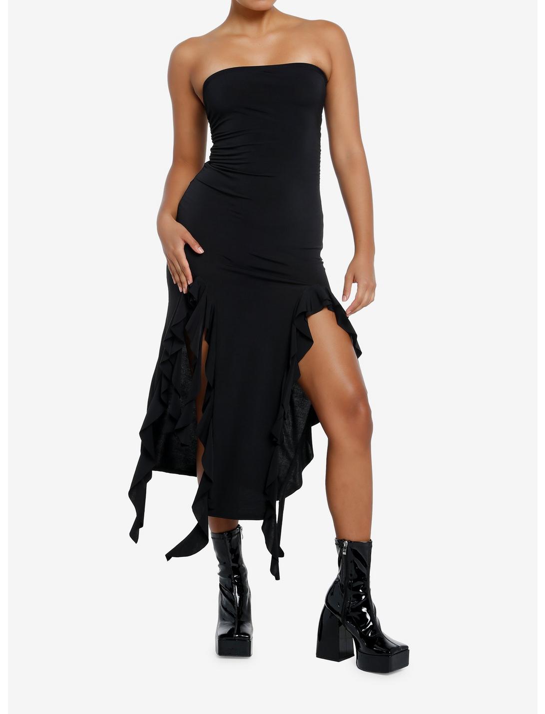 Black Ruffle Slit Strapless Maxi Dress, BLACK, hi-res