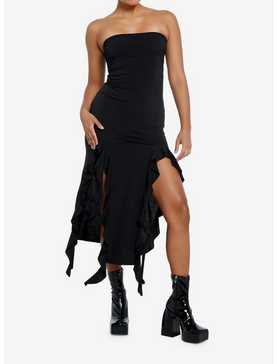 Black Ruffle Slit Strapless Maxi Dress, , hi-res