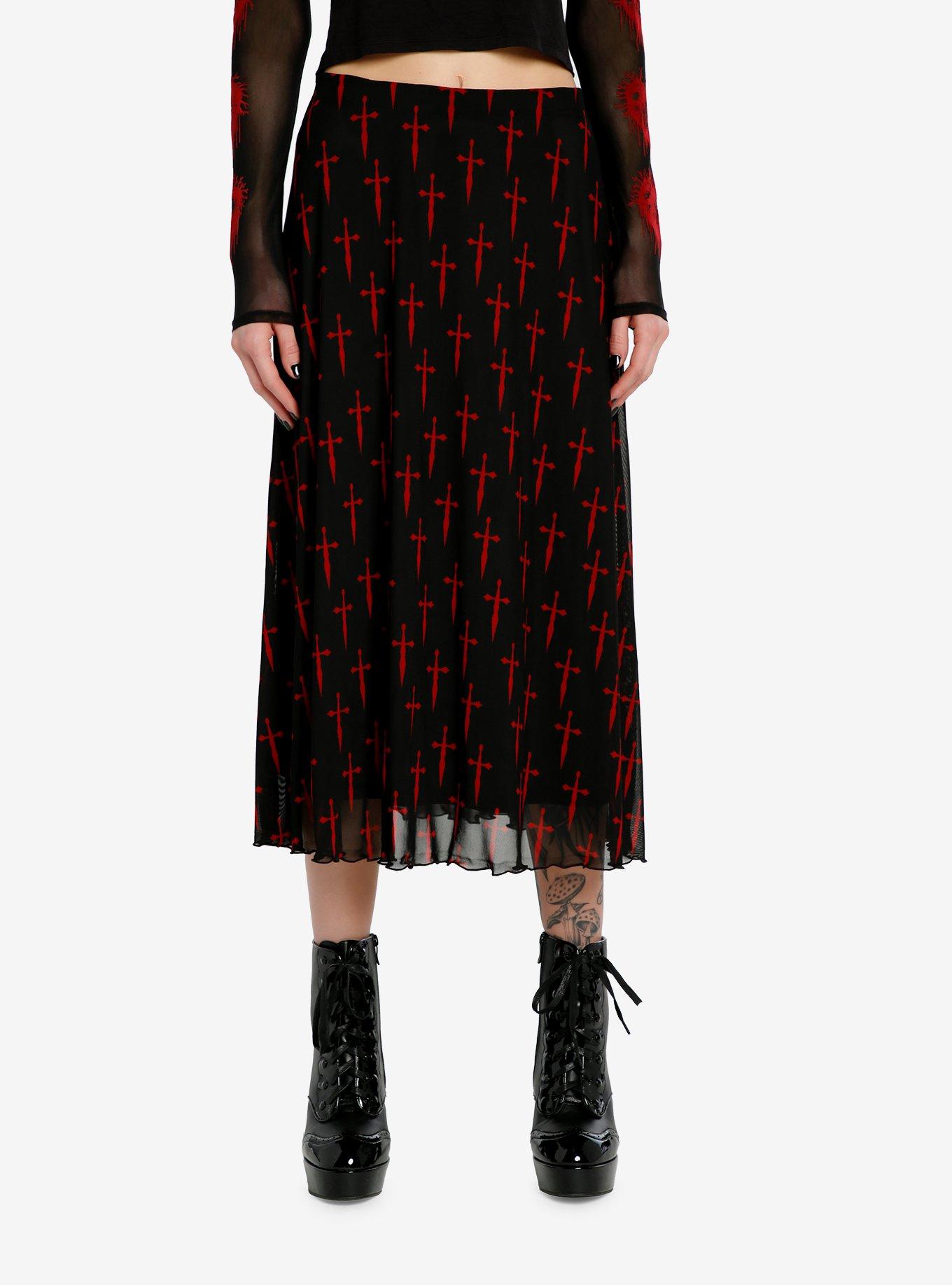 Social Collision Black & Red Dagger Mesh Midi Skirt, RED, hi-res