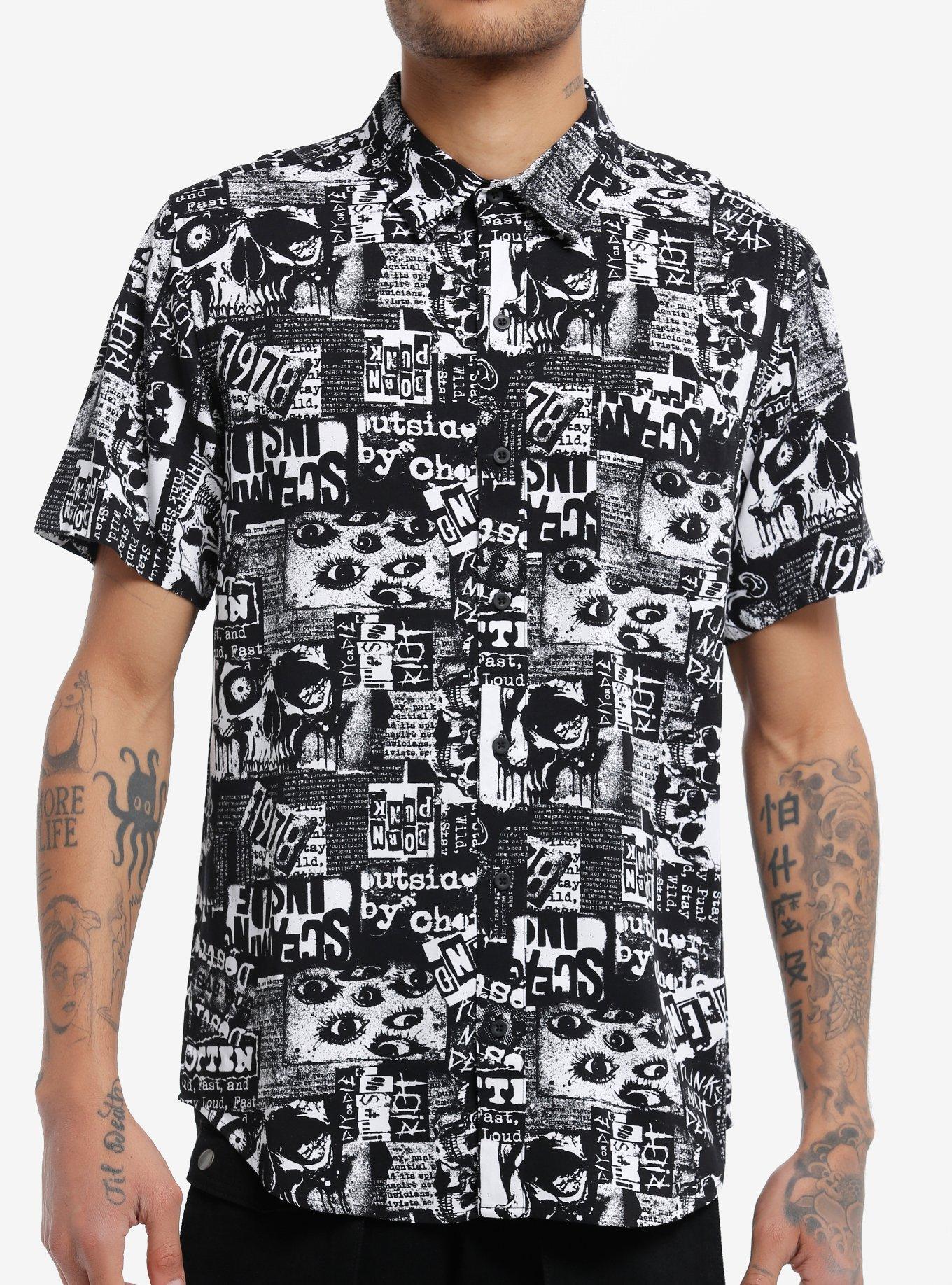 Social Collision® Goth Newsprint Woven Button-Up, , hi-res