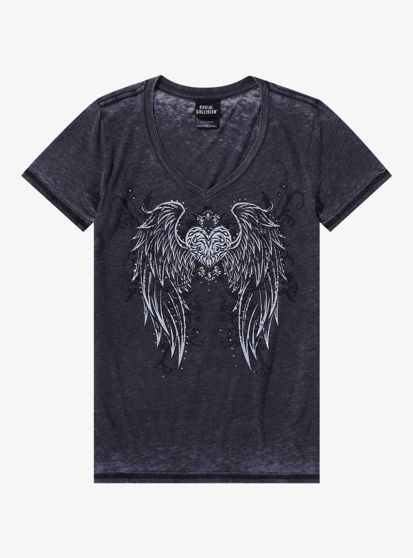 Social Collision Winged Heart Rhinestone Burnout Girls T-Shirt, , hi-res