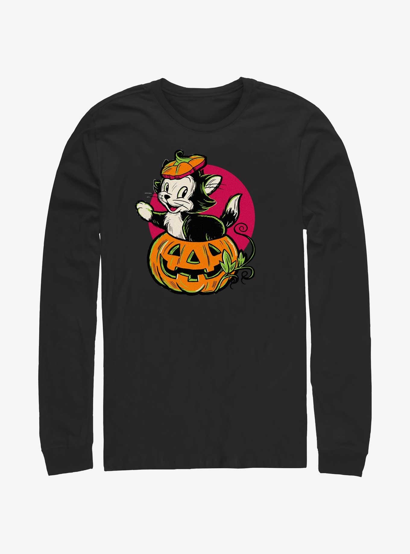 Disney100 Halloween Pinocchio Figaro Inside A Pumpkin Long-Sleeve T-Shirt, BLACK, hi-res