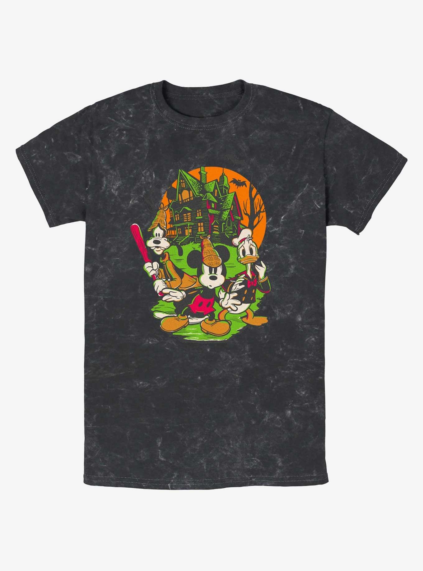 Disney100 Halloween Mickey Goofy And Donald Haunted House Mineral Wash T-Shirt, BLACK, hi-res