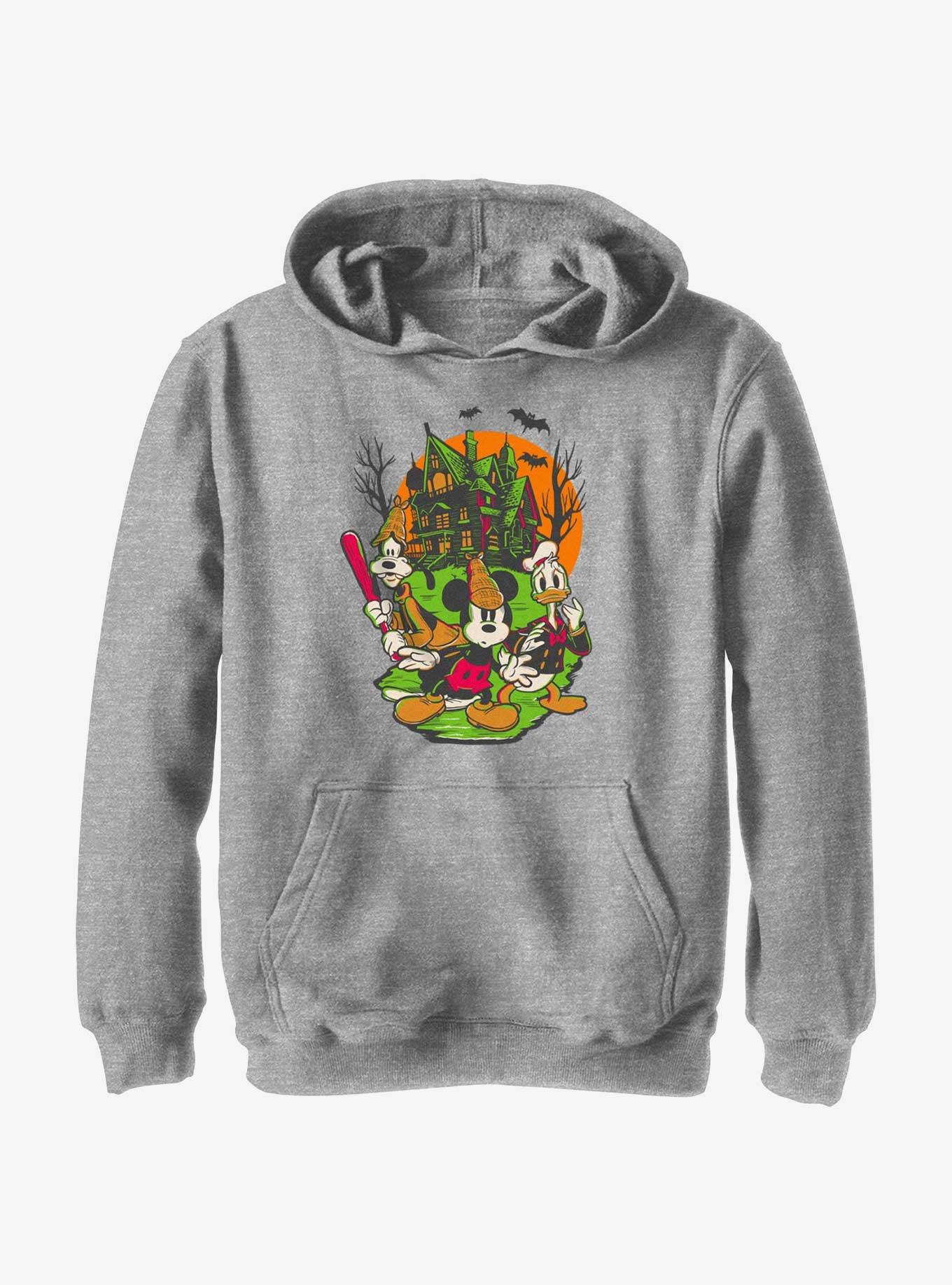 Disney100 Halloween Mickey Goofy and Donald Haunted House Youth Hoodie, , hi-res