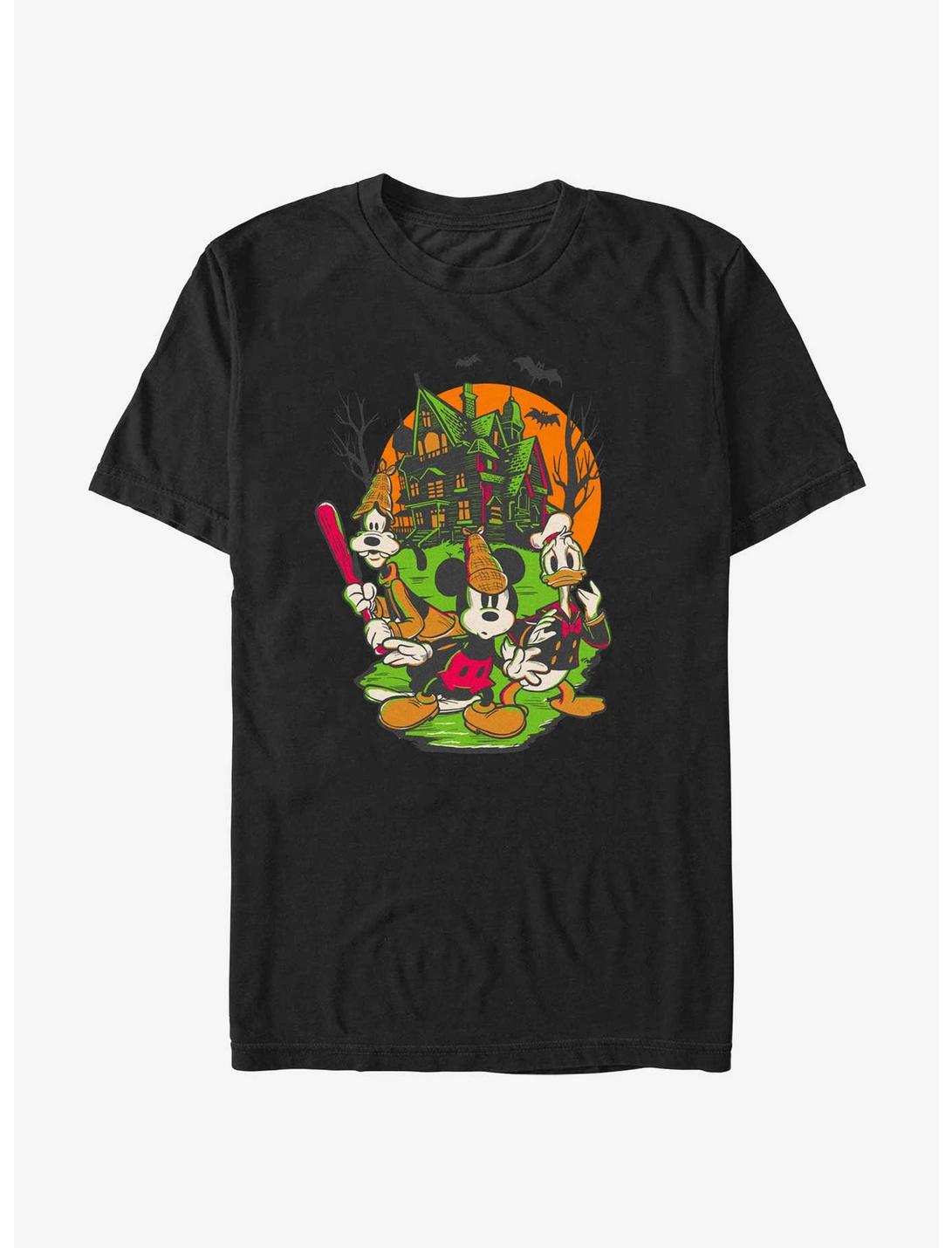 Disney100 Halloween Mickey Goofy and Donald Haunted House T-Shirt, BLACK, hi-res