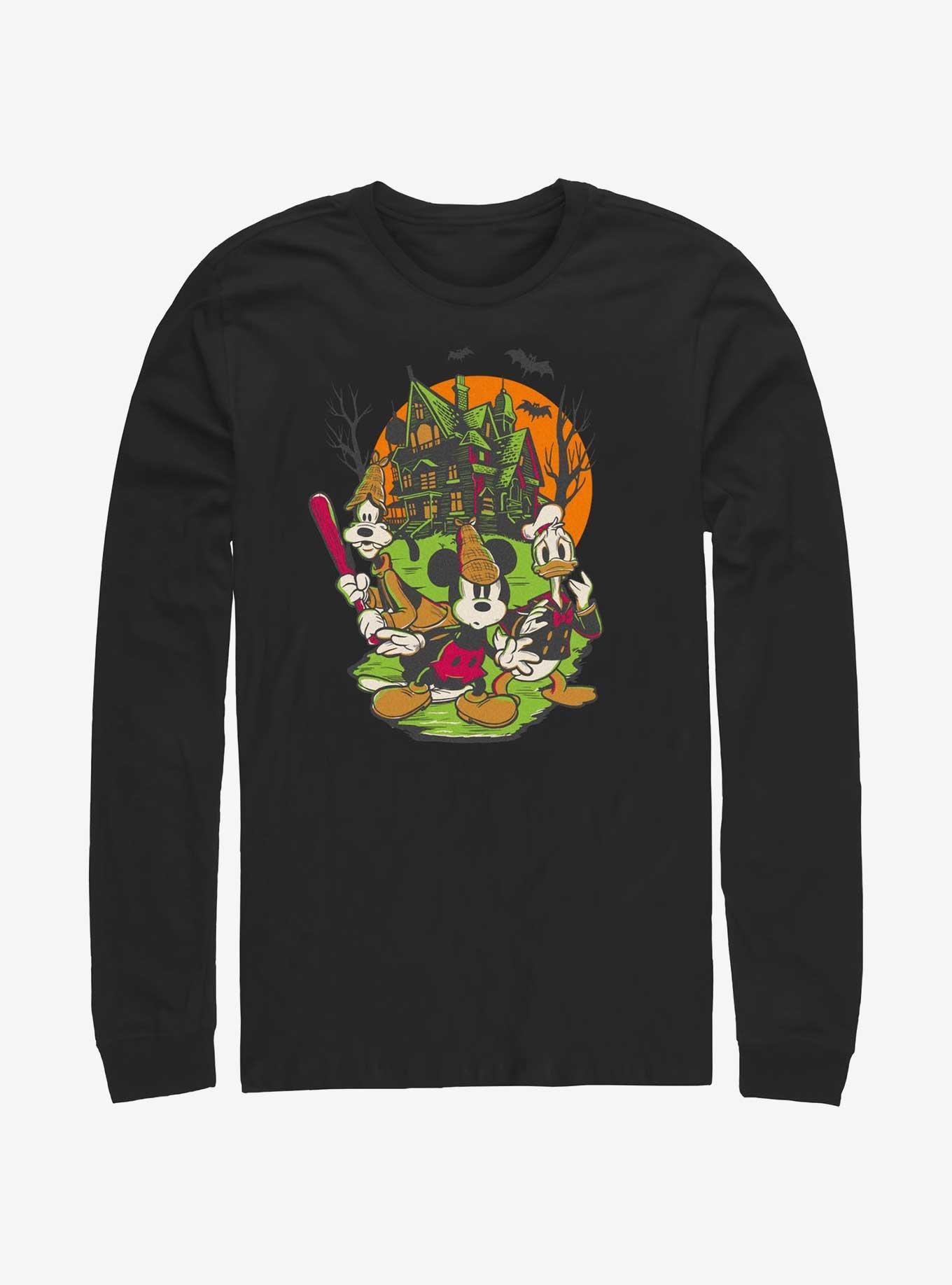 Disney100 Halloween Mickey Goofy and Donald Haunted House Long-Sleeve T-Shirt, BLACK, hi-res