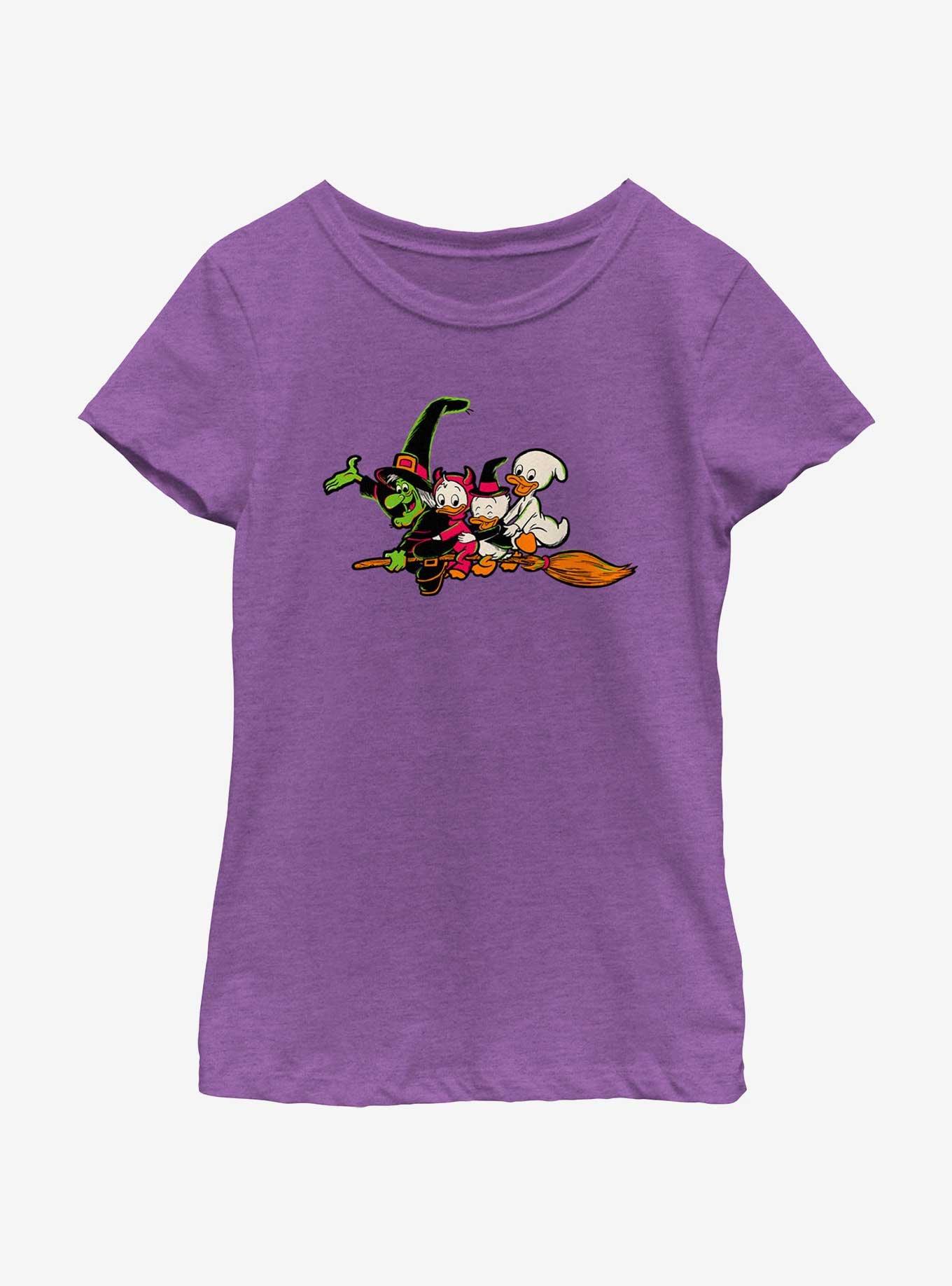 Disney100 Halloween Huey Dewey and Louie Flying Witch's Broom Youth Girl's T-Shirt, PURPLE BERRY, hi-res