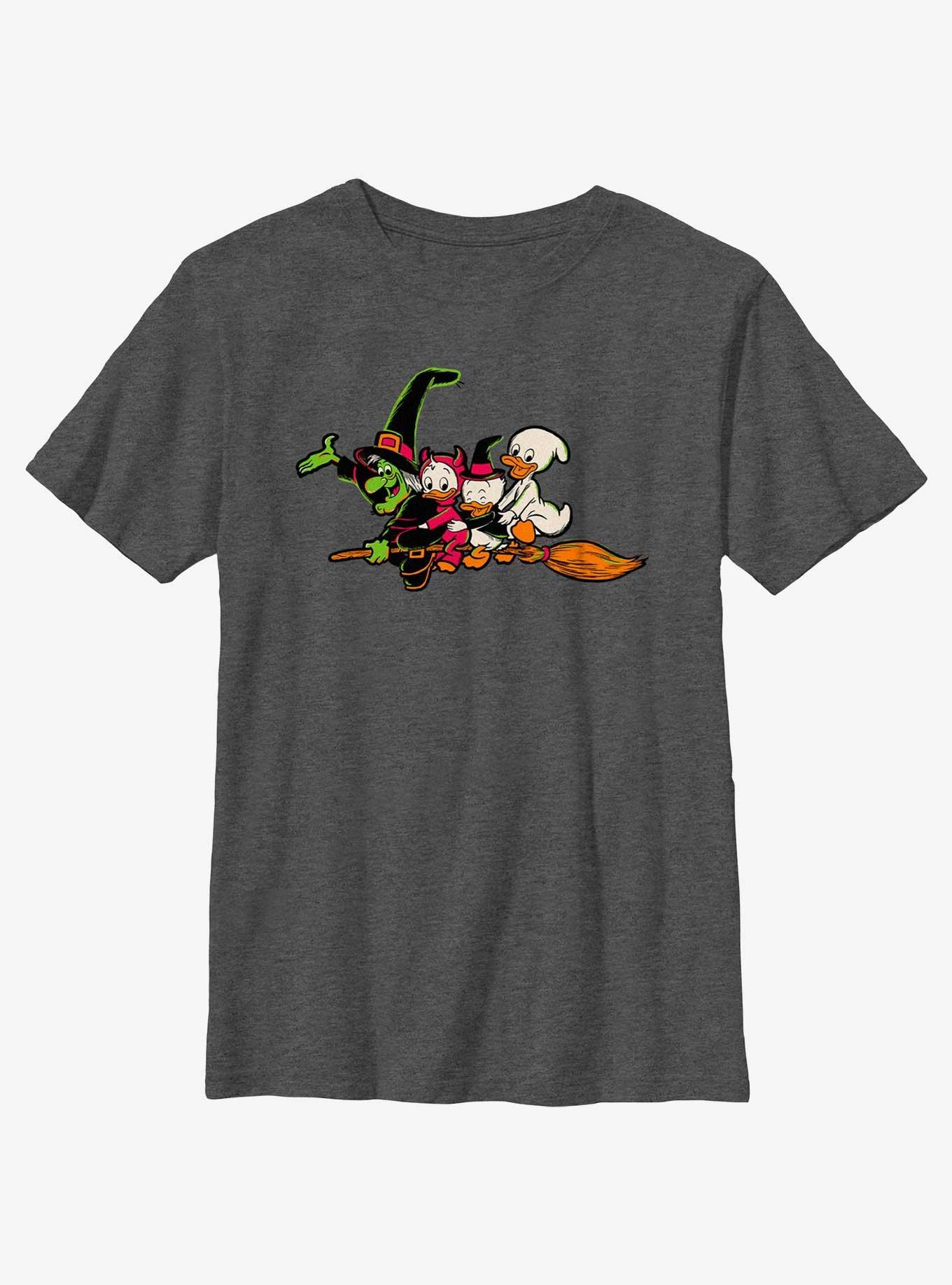 Disney100 Halloween Huey Dewey and Louie Flying Witch's Broom Youth T-Shirt, CHAR HTR, hi-res