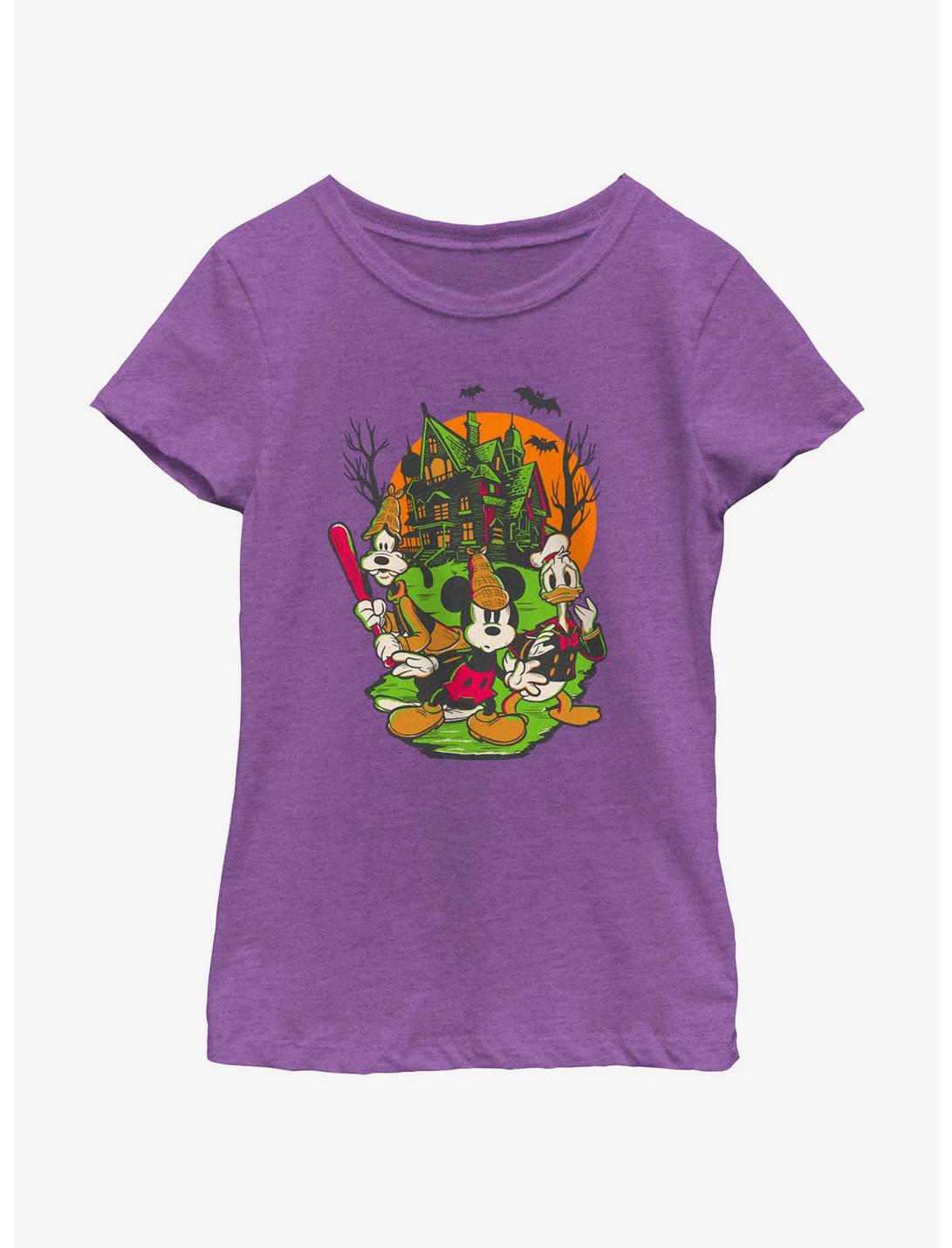 Disney100 Halloween Mickey Goofy and Donald Haunted House Youth Girl's T-Shirt, PURPLE BERRY, hi-res
