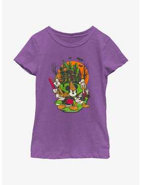 Disney100 Halloween Mickey Goofy and Donald Haunted House Youth Girl's T-Shirt, , hi-res