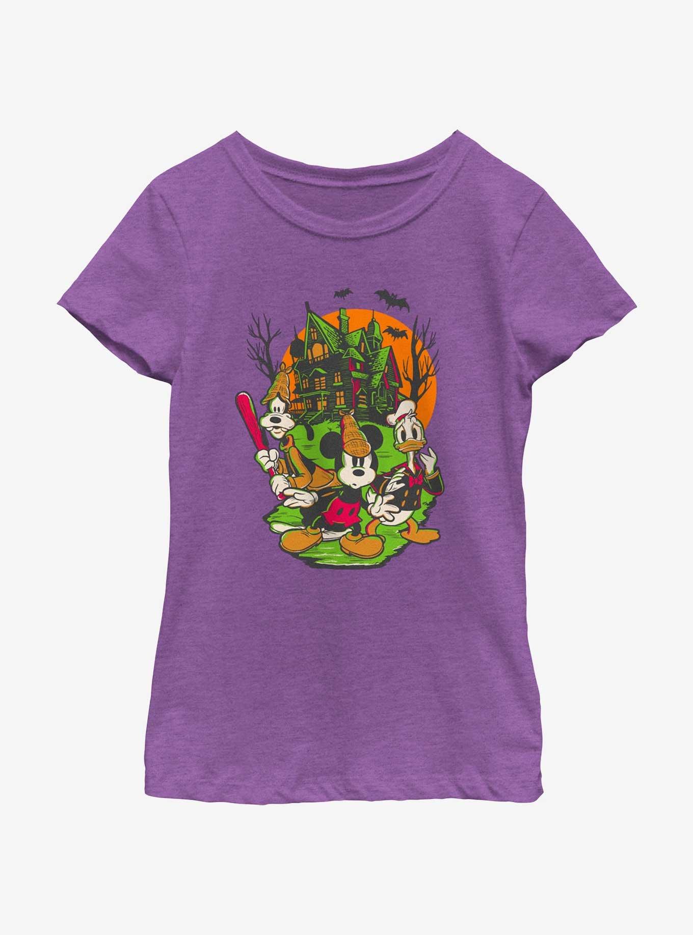 Disney100 Halloween Mickey Goofy and Donald Haunted House Youth Girl's T-Shirt, , hi-res