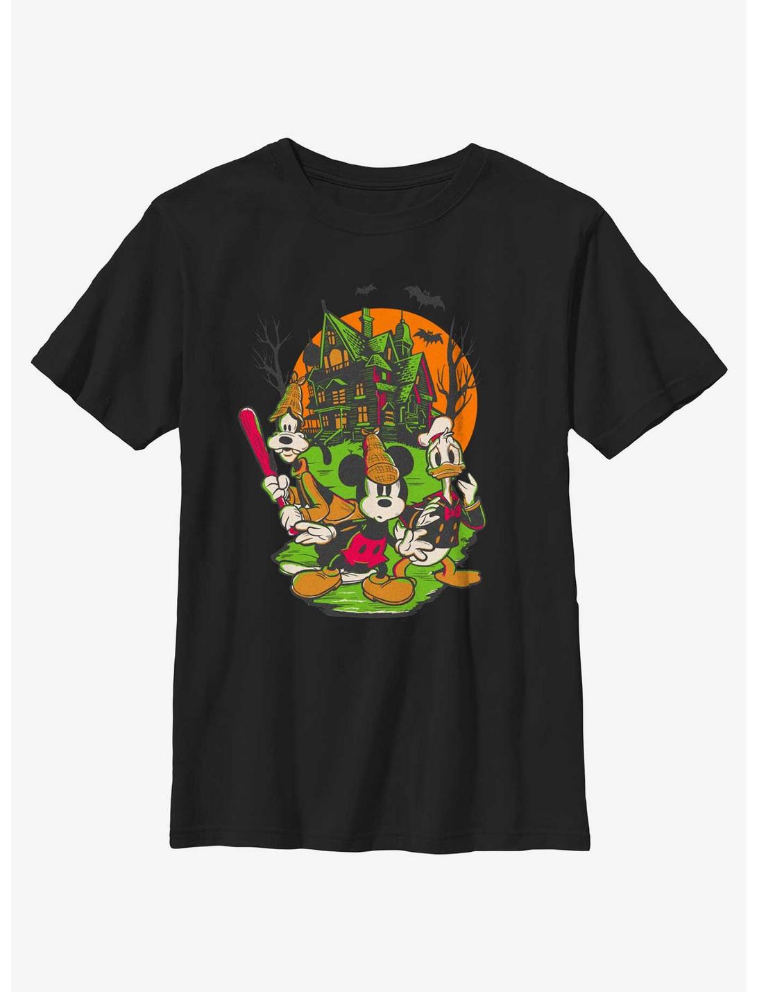 Disney100 Halloween Mickey Goofy and Donald Haunted House Youth T-Shirt, BLACK, hi-res