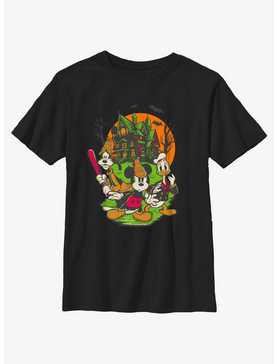 Disney100 Halloween Mickey Goofy and Donald Haunted House Youth T-Shirt, , hi-res