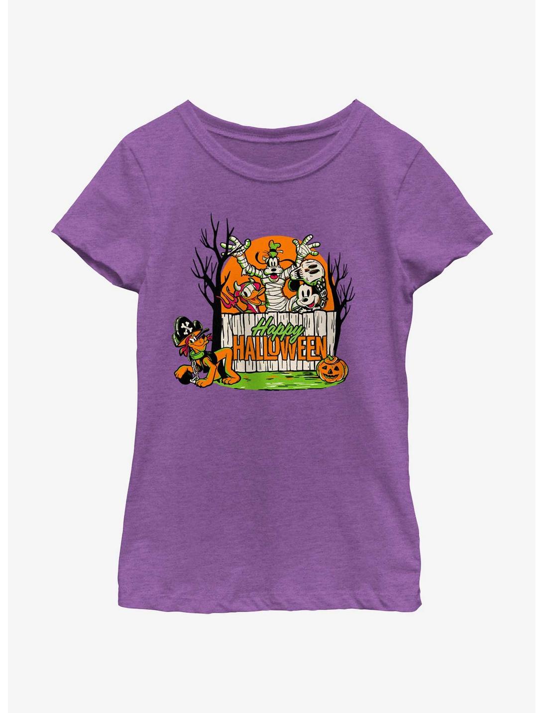 Disney100 Halloween Mickey Mouse Halloween Group Youth Girl's T-Shirt, PURPLE BERRY, hi-res