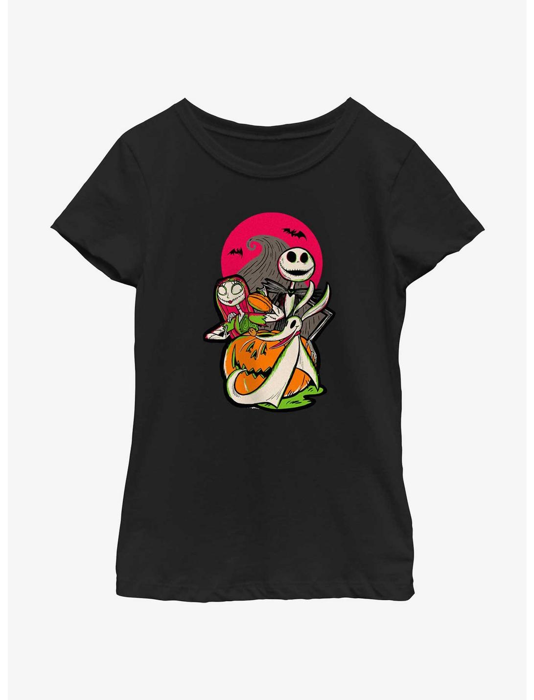 Disney100 Halloween Happy Halloween Sally Jack and Zero Youth Girl's T-Shirt, BLACK, hi-res