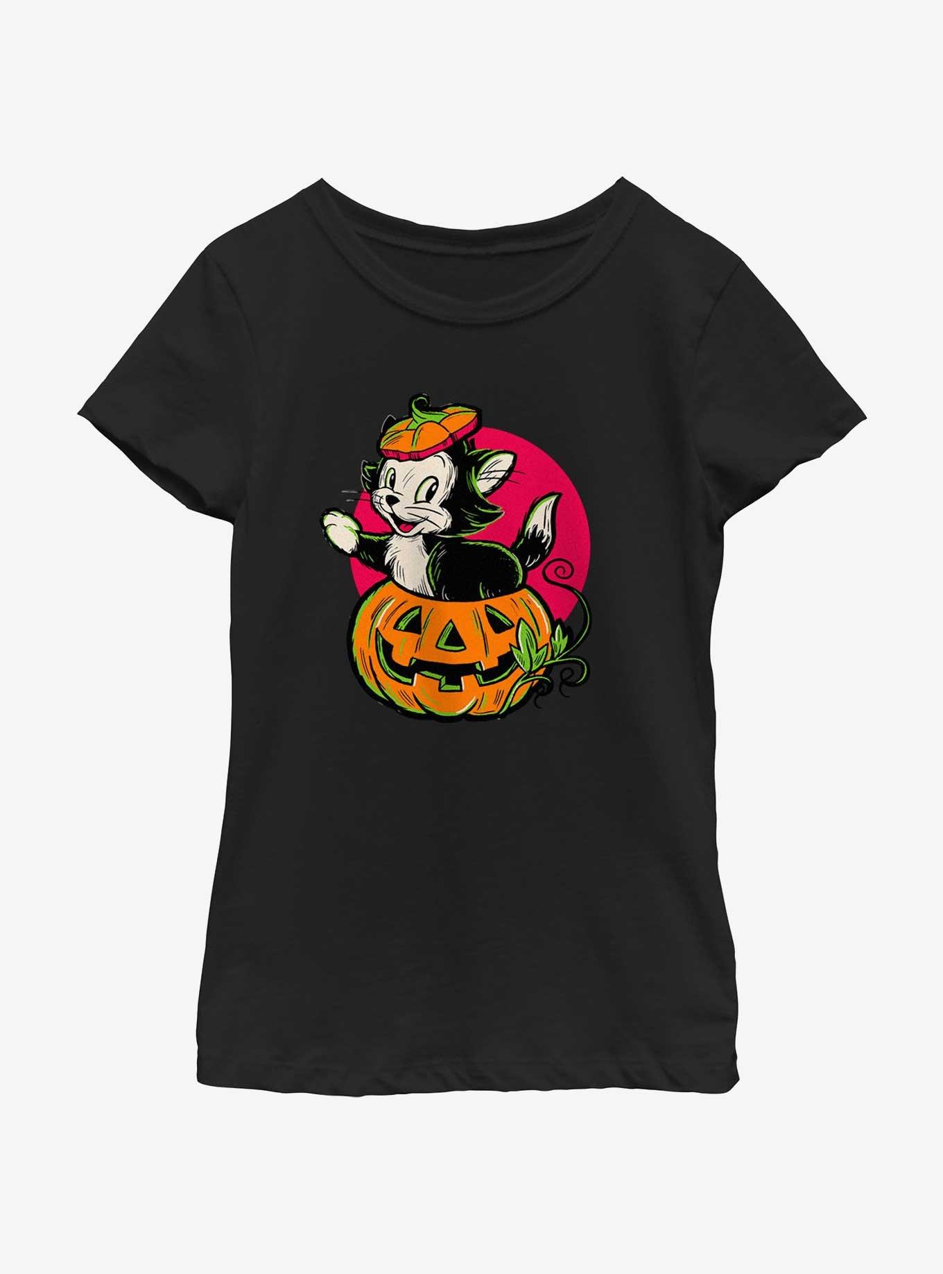 Disney100 Halloween Figaro Inside A Pumpkin Youth Girl's T-Shirt, BLACK, hi-res