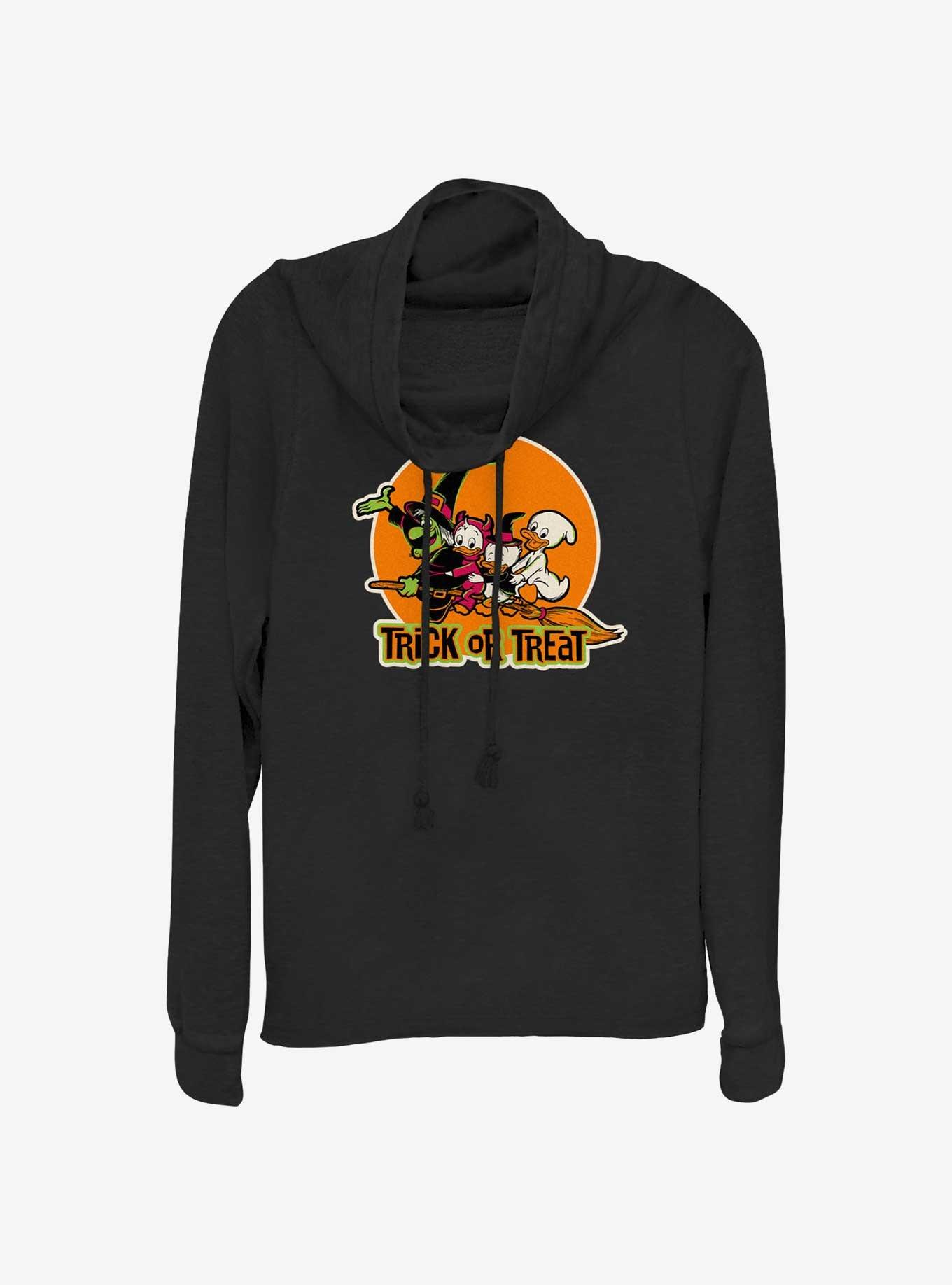 Disney100 Halloween Huey Dewey and Louie Trick or Treat Women's Cowl Neck Long-Sleeve Top, BLACK, hi-res