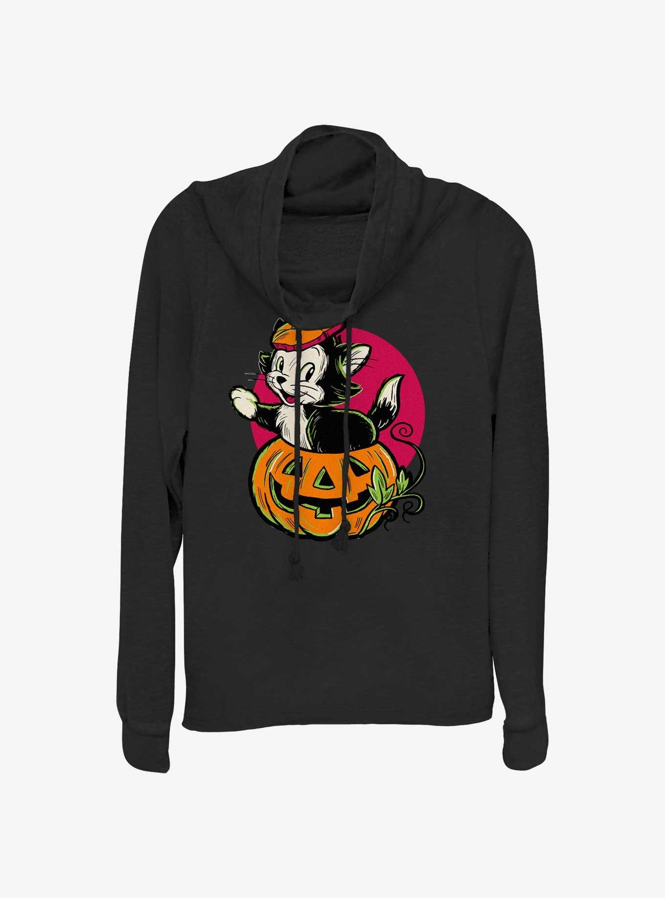 Disney100 Halloween Figaro Inside A Pumpkin Women's Cowl Neck Long-Sleeve Top, BLACK, hi-res