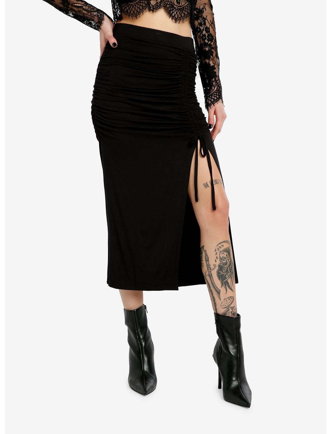 Cosmic Aura Black Ruched Midi Skirt, BLACK, hi-res