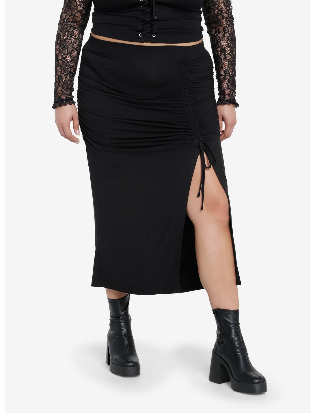 Cosmic Aura Black Ruched Midi Skirt Plus Size, BLACK, hi-res