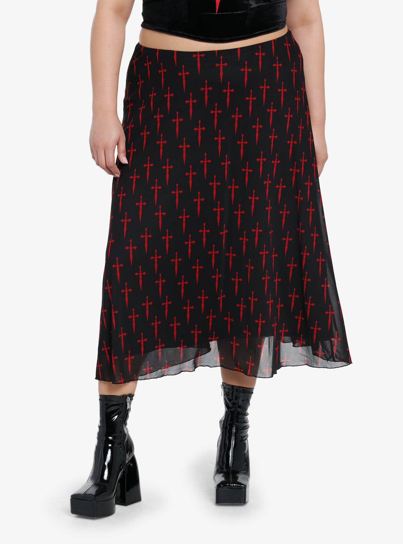Social Collision Black & Red Dagger Mesh Midi Skirt Plus Size, RED, hi-res