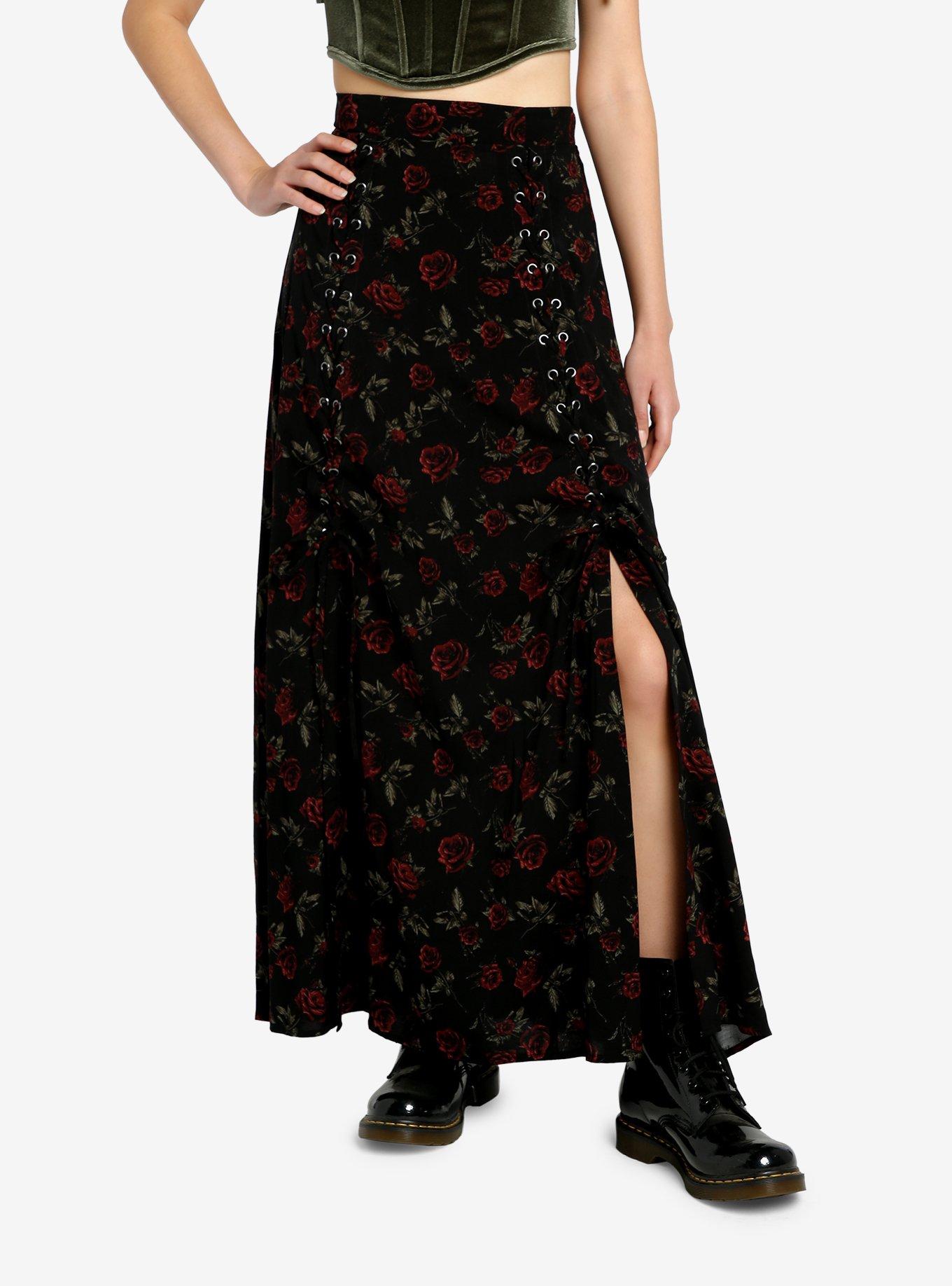 Thorn & Fable Dark Red Rose Lace-Up Maxi Skirt, RED, hi-res