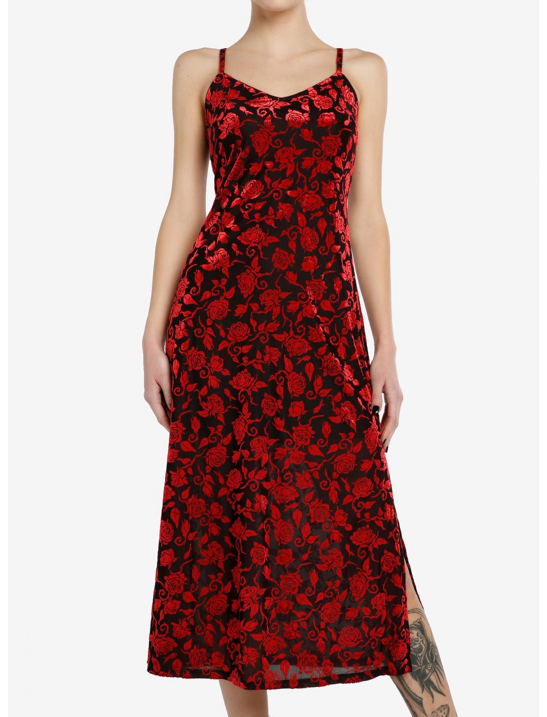 Social Collision Black & Red Roses Velvet Midaxi Dress, BLACK, hi-res