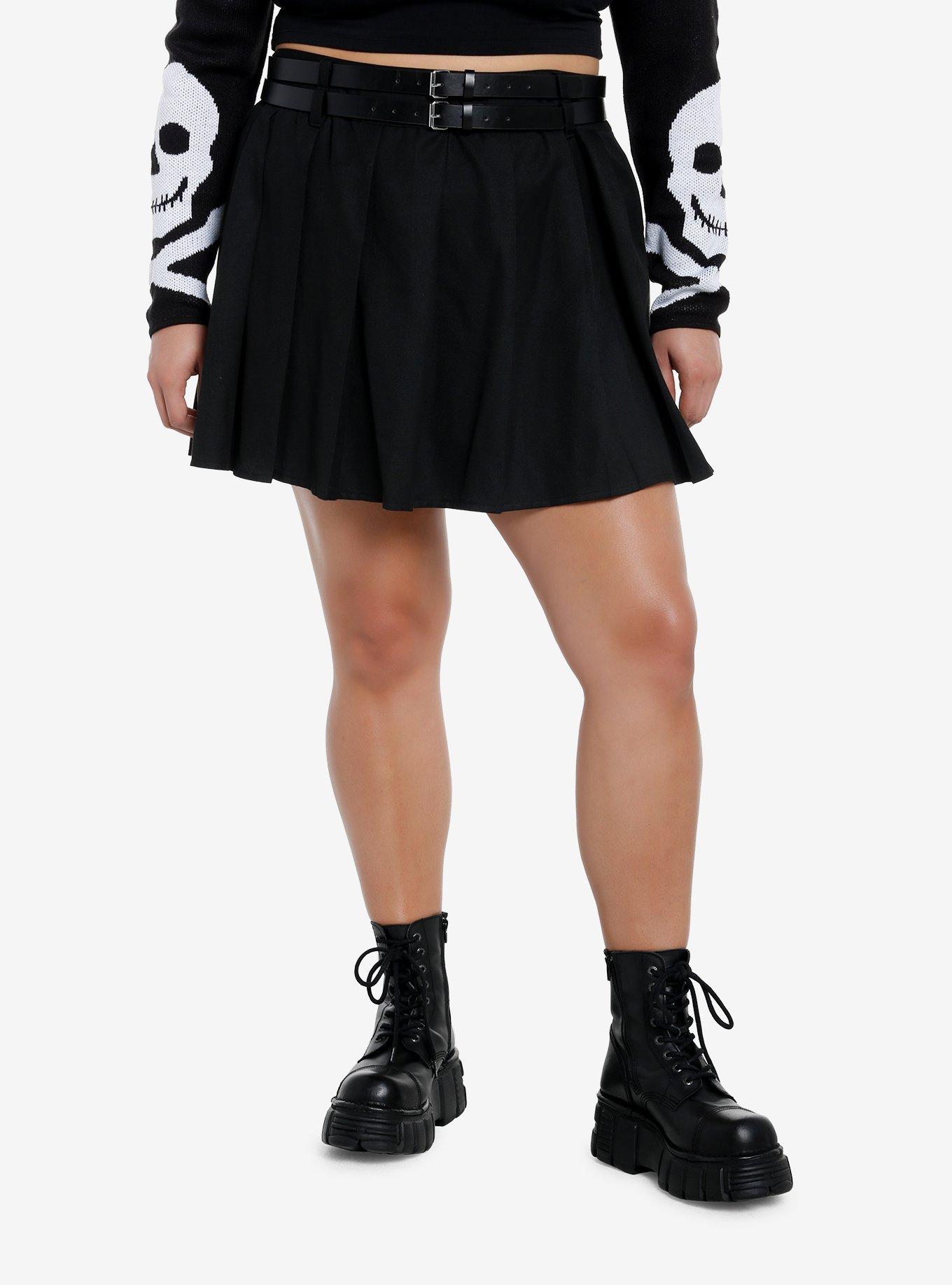 Social Collision Double Belt Pleated Skirt Plus Size