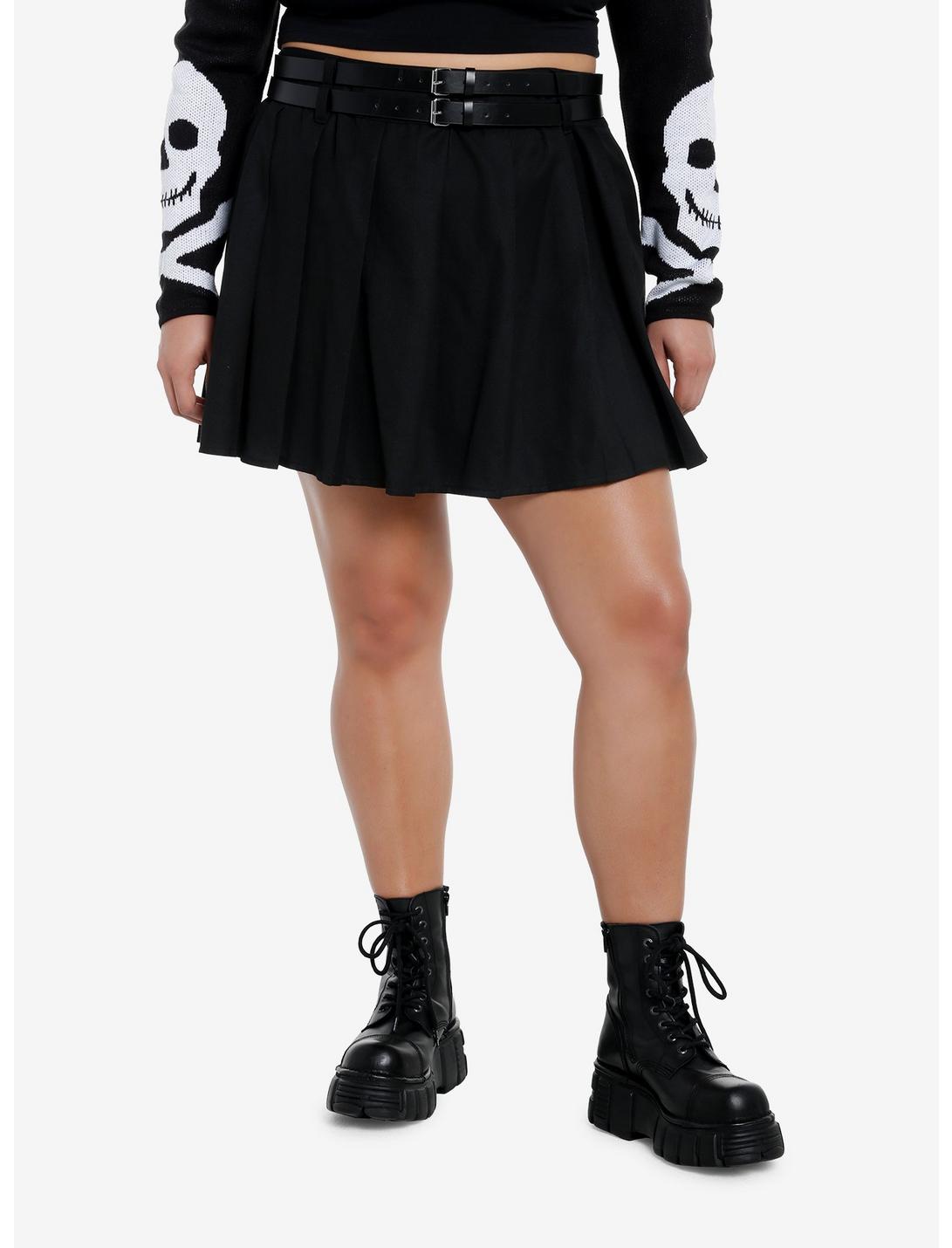 Social Collision Double Belt Pleated Skirt Plus Size, BLACK, hi-res